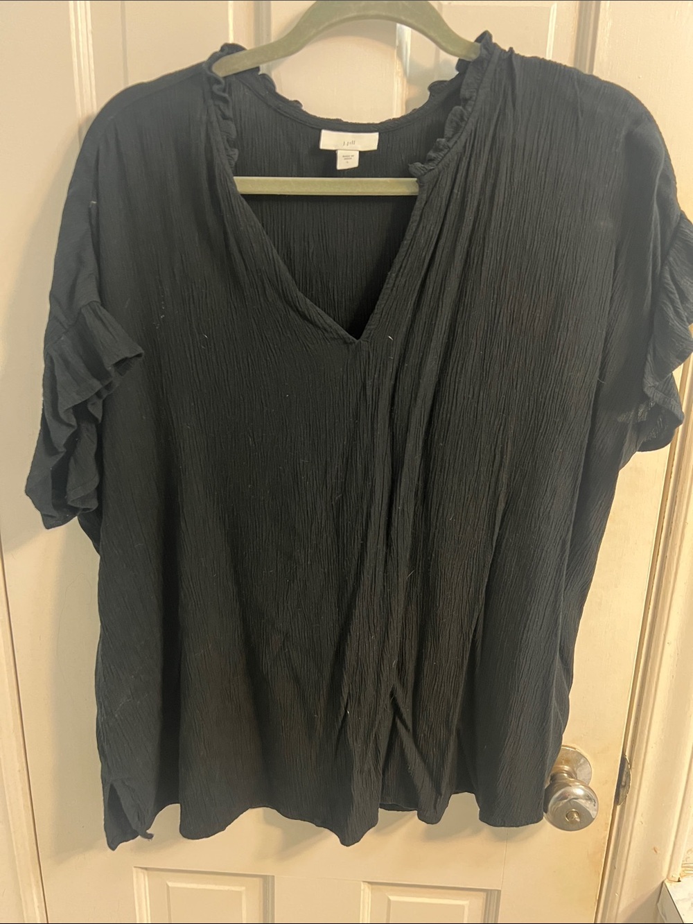J. Jill Black Crinkle V-Neck Blouse with Ruffle Sleeves